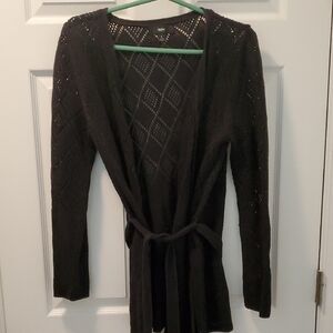 Charcoal Cardigan with Textured Knit and Waist Tie